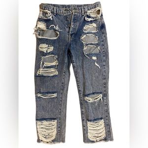 CARMAR ripped, straight leg jeans.